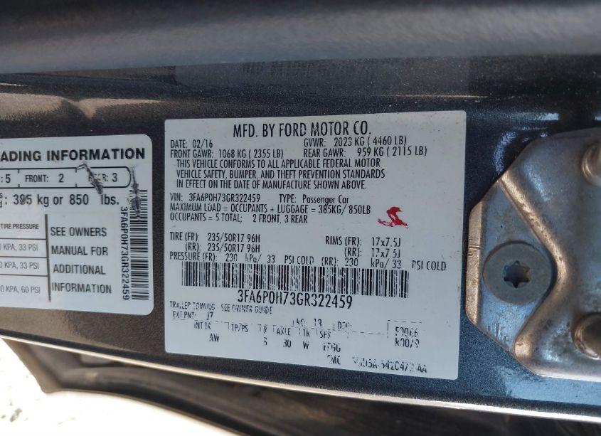 Photo 9 of 2016 Ford Fusion SE (VIN 3FA6P0H73GR322459)