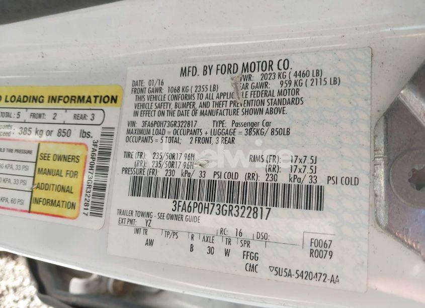 Photo 9 of 2016 Ford Fusion SE (VIN 3FA6P0H73GR322817)