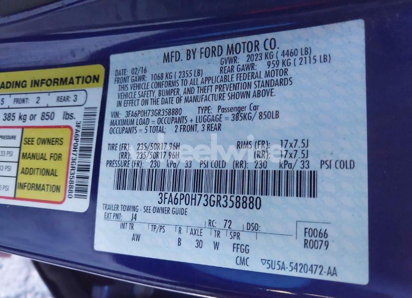 Photo 9 of 2016 Ford Fusion SE (VIN 3FA6P0H73GR358880)