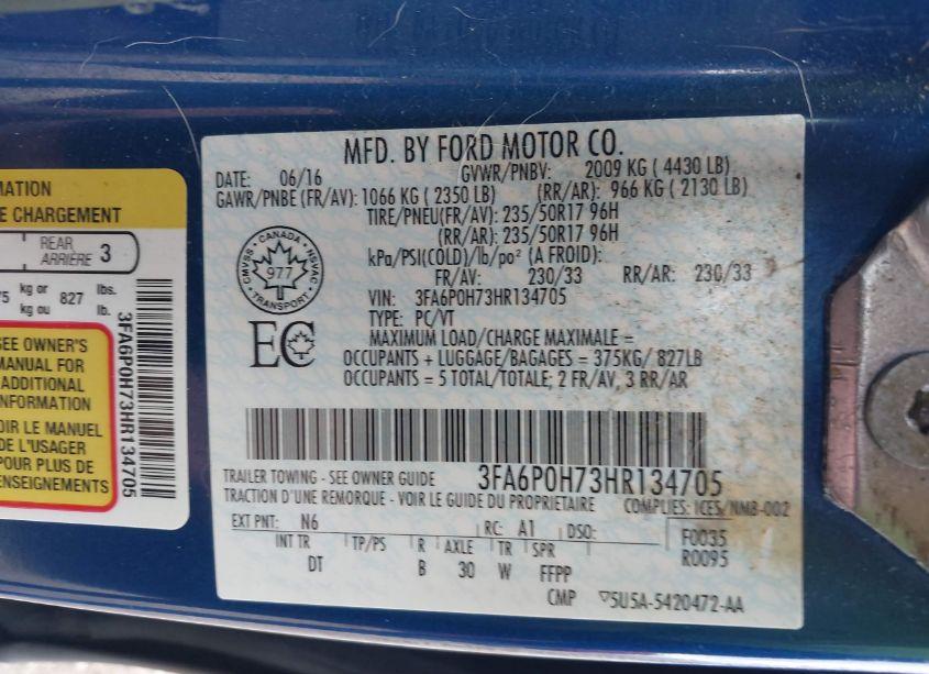 Photo 9 of 2017 Ford Fusion SE (VIN 3FA6P0H73HR134705)