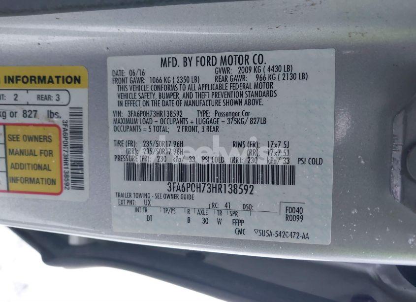 Photo 9 of 2017 Ford Fusion SE (VIN 3FA6P0H73HR138592)