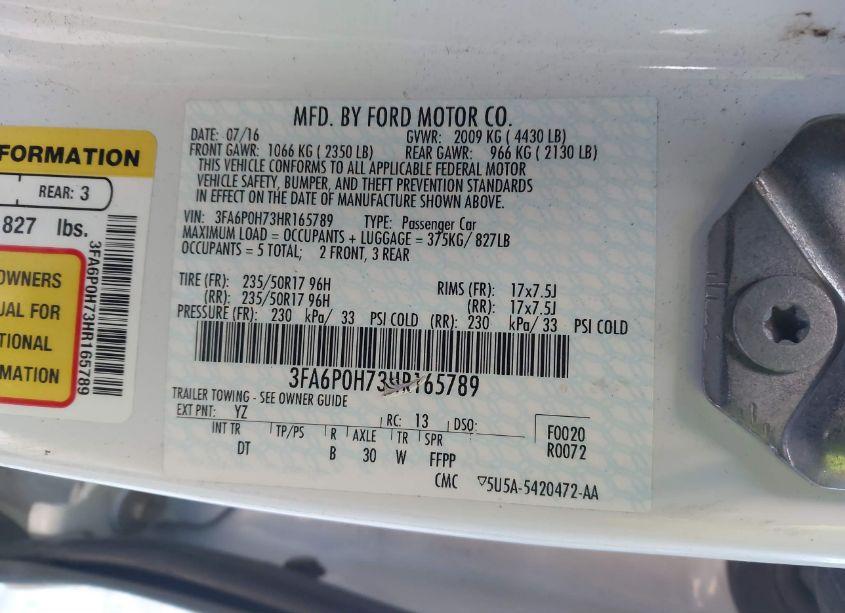 Photo 9 of 2017 Ford Fusion SE (VIN 3FA6P0H73HR165789)