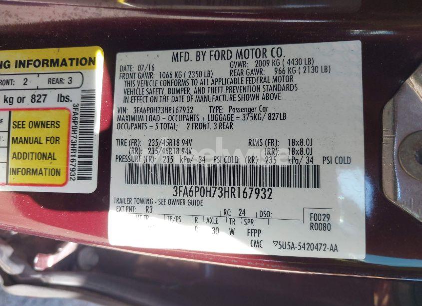 Photo 9 of 2017 Ford Fusion SE (VIN 3FA6P0H73HR167932)