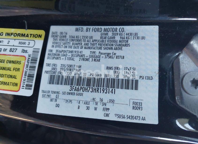 Photo 9 of 2017 Ford Fusion SE (VIN 3FA6P0H73HR193141)