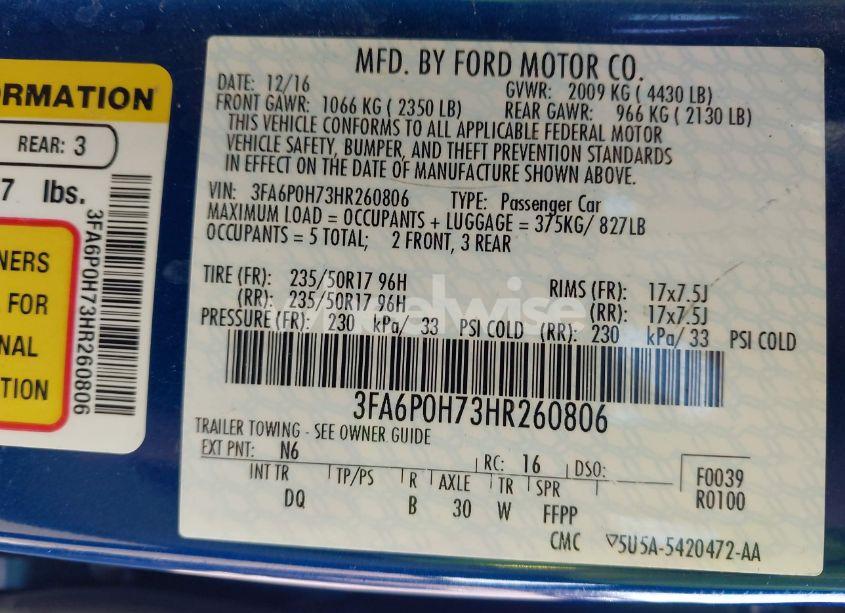Photo 9 of 2017 Ford Fusion SE (VIN 3FA6P0H73HR260806)