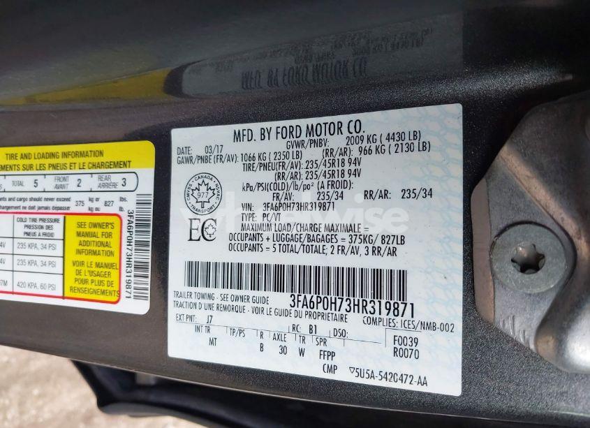 Photo 9 of 2017 Ford Fusion SE (VIN 3FA6P0H73HR319871)