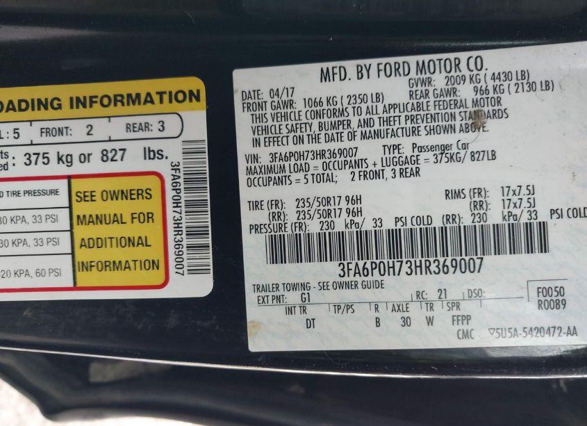 Photo 9 of 2017 Ford Fusion SE (VIN 3FA6P0H73HR369007)