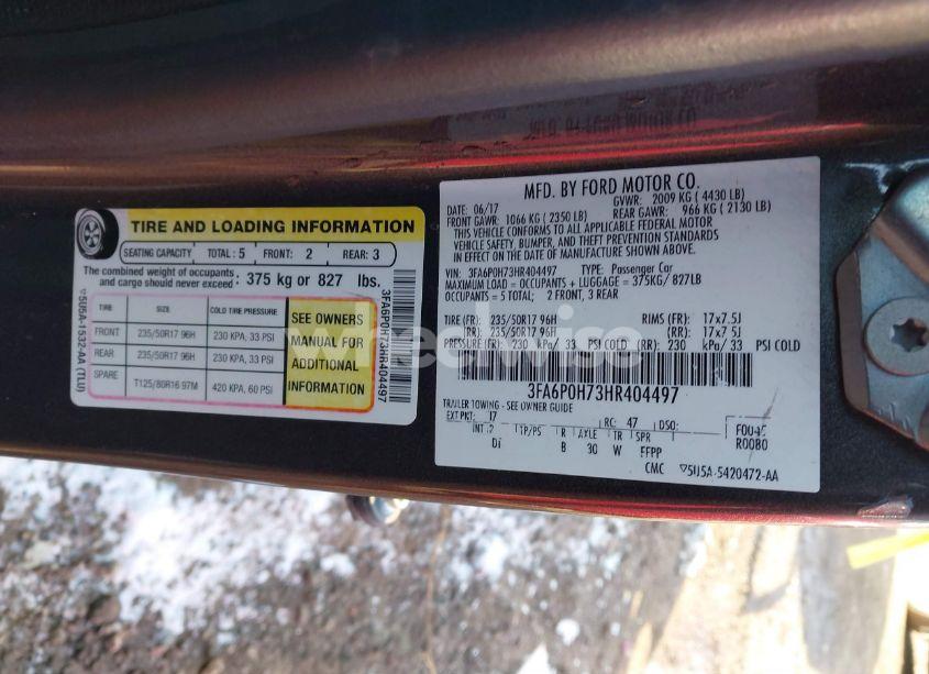 Photo 9 of 2017 Ford Fusion SE (VIN 3FA6P0H73HR404497)