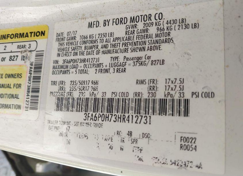 Photo 9 of 2017 Ford Fusion SE (VIN 3FA6P0H73HR412731)