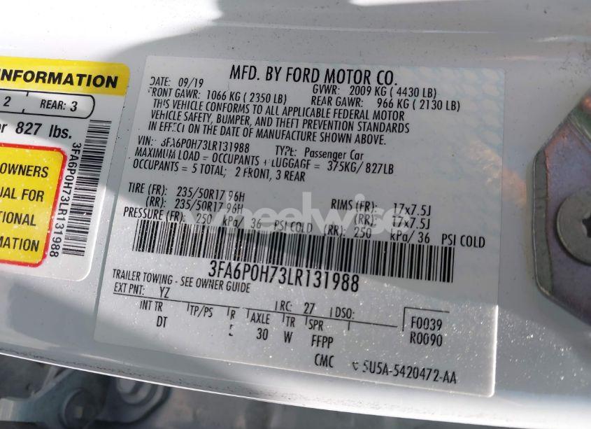 Photo 9 of 2020 Ford Fusion SE (VIN 3FA6P0H73LR131988)