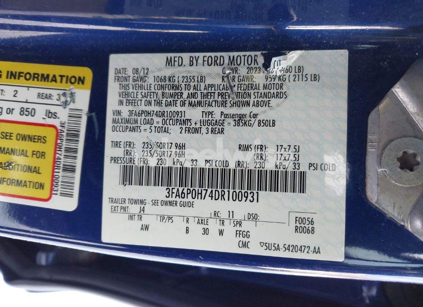 Photo 9 of 2013 Ford Fusion SE (VIN 3FA6P0H74DR100931)