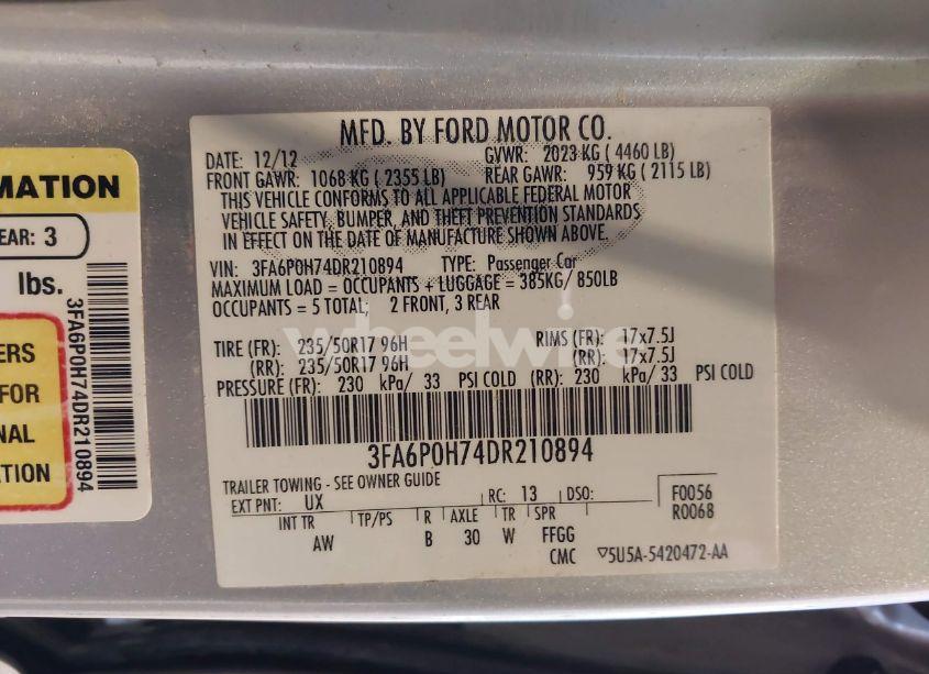 Photo 9 of 2013 Ford Fusion SE (VIN 3FA6P0H74DR210894)