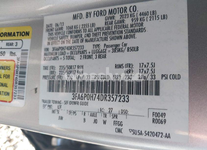 Photo 9 of 2013 Ford Fusion SE (VIN 3FA6P0H74DR357233)
