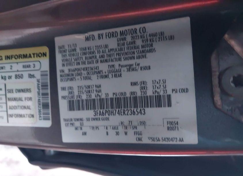Photo 9 of 2014 Ford Fusion SE (VIN 3FA6P0H74ER236543)
