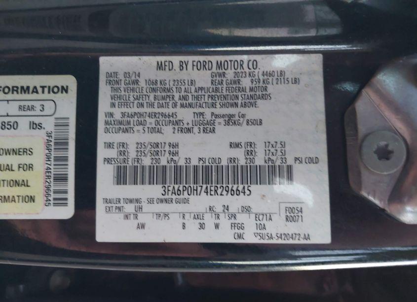 Photo 9 of 2014 Ford Fusion SE (VIN 3FA6P0H74ER296645)