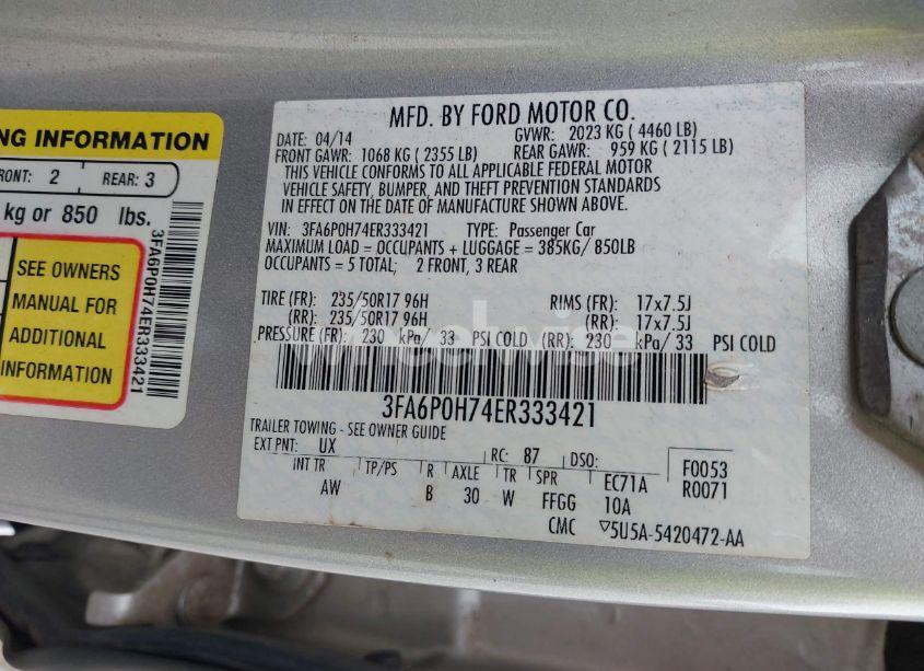Photo 9 of 2014 Ford Fusion SE (VIN 3FA6P0H74ER333421)