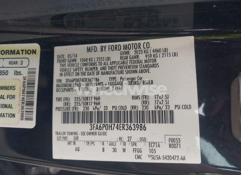 Photo 9 of 2014 Ford Fusion SE (VIN 3FA6P0H74ER363986)