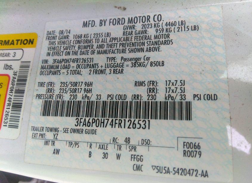 Photo 9 of 2015 Ford Fusion SE (VIN 3FA6P0H74FR126531)