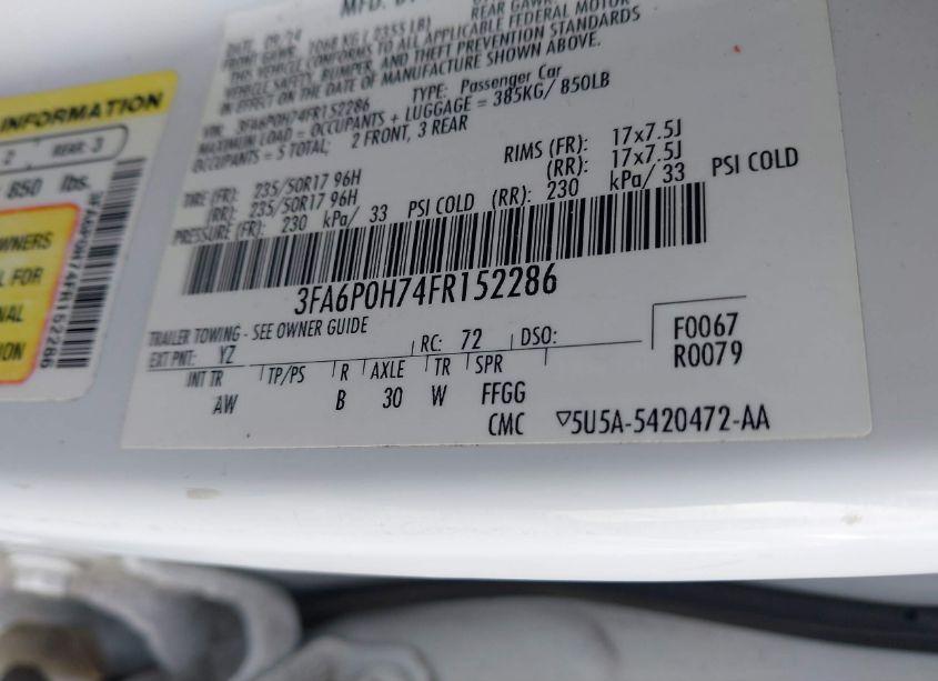 Photo 9 of 2015 Ford Fusion SE (VIN 3FA6P0H74FR152286)