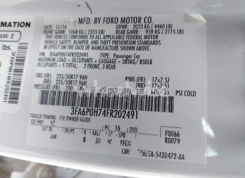 Photo 9 of 2015 Ford Fusion SE (VIN 3FA6P0H74FR202491)