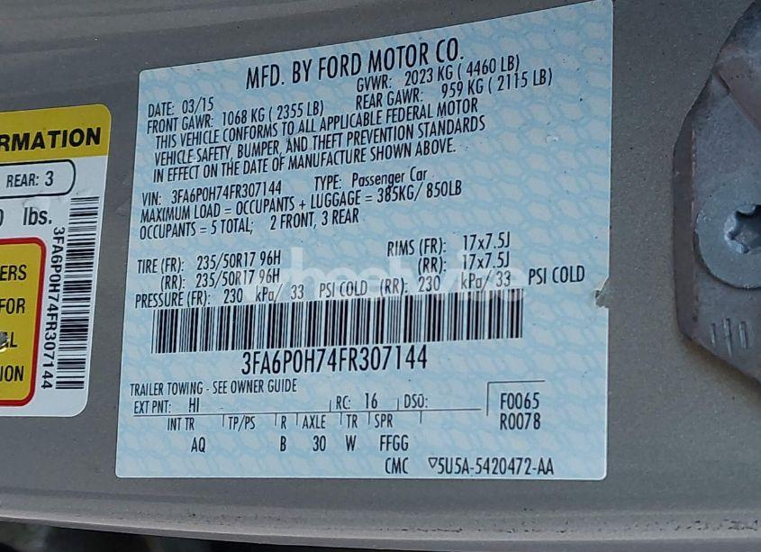 Photo 9 of 2015 Ford Fusion SE (VIN 3FA6P0H74FR307144)