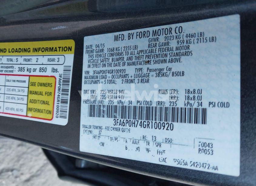 Photo 9 of 2016 Ford Fusion SE (VIN 3FA6P0H74GR100920)