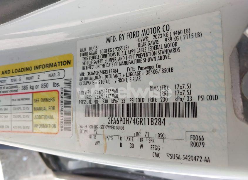 Photo 9 of 2016 Ford Fusion SE (VIN 3FA6P0H74GR118284)