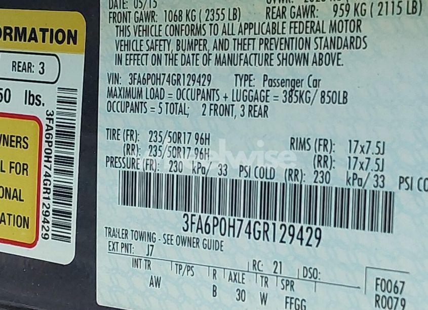 Photo 9 of 2016 Ford Fusion SE (VIN 3FA6P0H74GR129429)