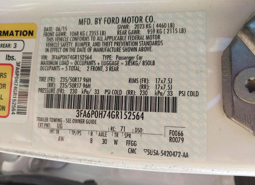 Photo 9 of 2016 Ford Fusion SE (VIN 3FA6P0H74GR152564)
