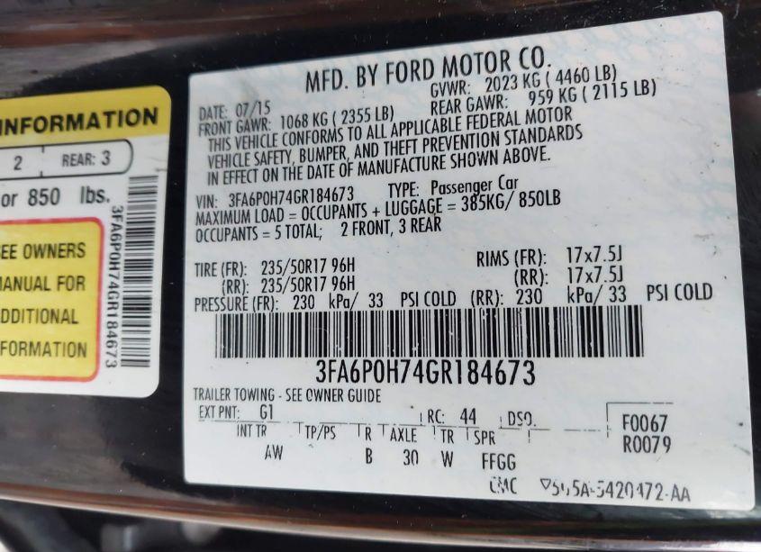 Photo 9 of 2016 Ford Fusion SE (VIN 3FA6P0H74GR184673)