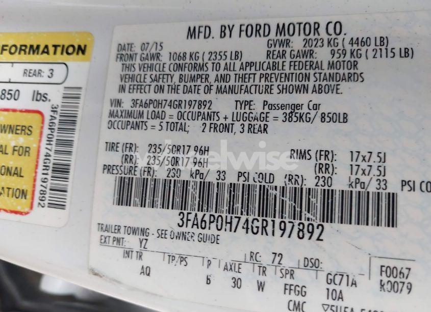 Photo 9 of 2016 Ford Fusion SE (VIN 3FA6P0H74GR197892)