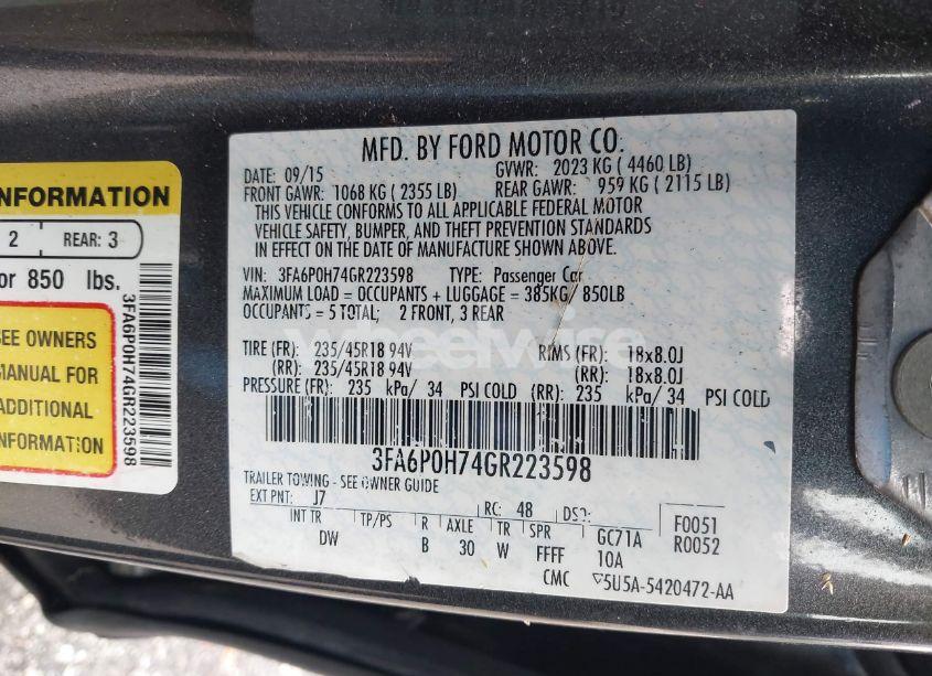 Photo 9 of 2016 Ford Fusion SE (VIN 3FA6P0H74GR223598)