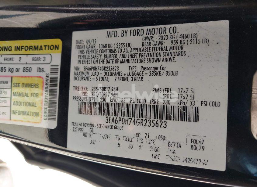 Photo 9 of 2016 Ford Fusion SE (VIN 3FA6P0H74GR235623)