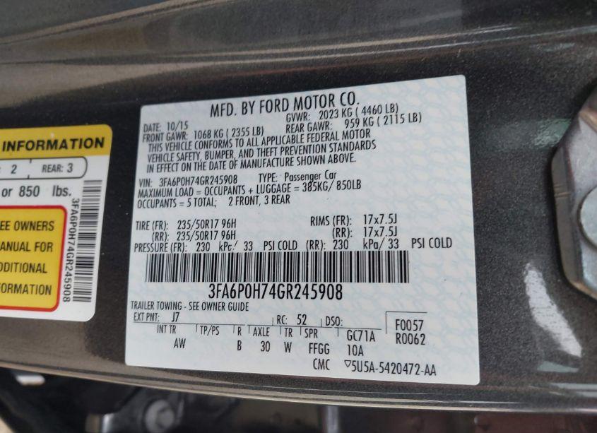 Photo 9 of 2016 Ford Fusion SE (VIN 3FA6P0H74GR245908)