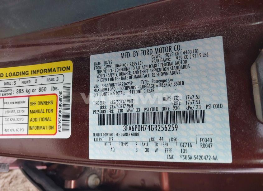 Photo 9 of 2016 Ford Fusion SE (VIN 3FA6P0H74GR256259)