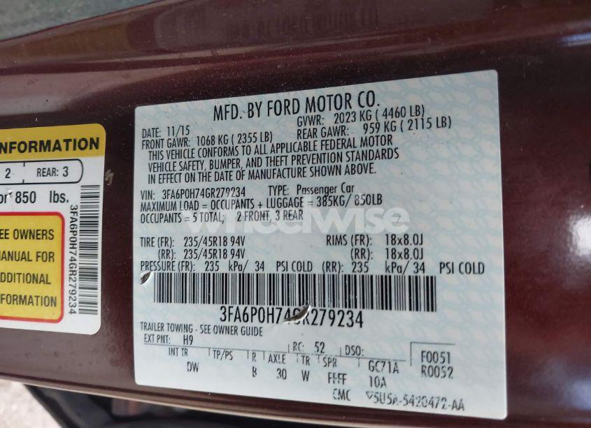 Photo 9 of 2016 Ford Fusion SE (VIN 3FA6P0H74GR279234)