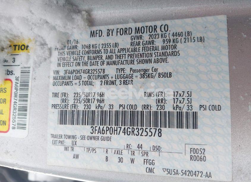 Photo 9 of 2016 Ford Fusion SE (VIN 3FA6P0H74GR325578)