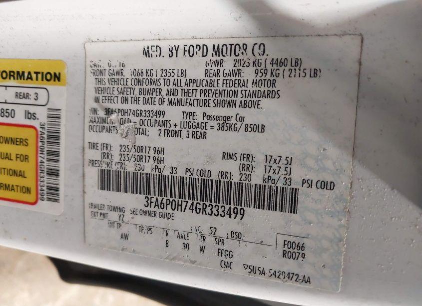 Photo 9 of 2016 Ford Fusion SE (VIN 3FA6P0H74GR333499)