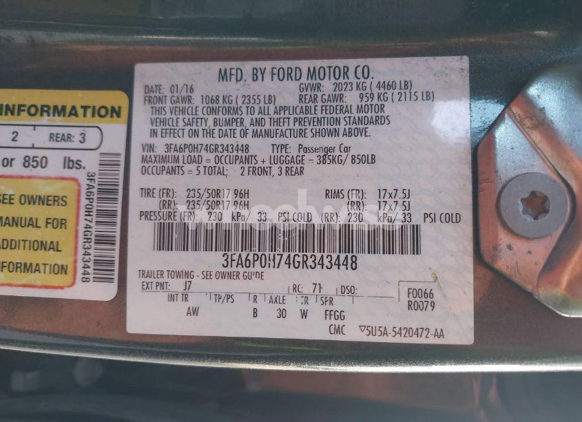 Photo 9 of 2016 Ford Fusion SE (VIN 3FA6P0H74GR343448)