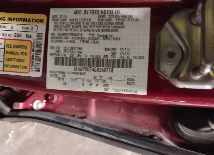 Photo 9 of 2016 Ford Fusion SE (VIN 3FA6P0H74GR360718)