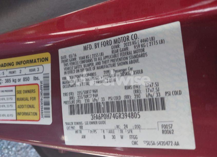 Photo 9 of 2016 Ford Fusion SE (VIN 3FA6P0H74GR394805)