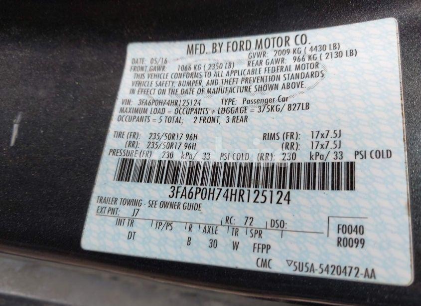 Photo 9 of 2017 Ford Fusion SE (VIN 3FA6P0H74HR125124)