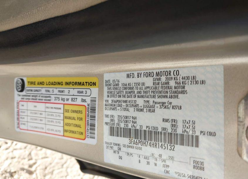 Photo 8 of 2017 Ford Fusion SE (VIN 3FA6P0H74HR145132)