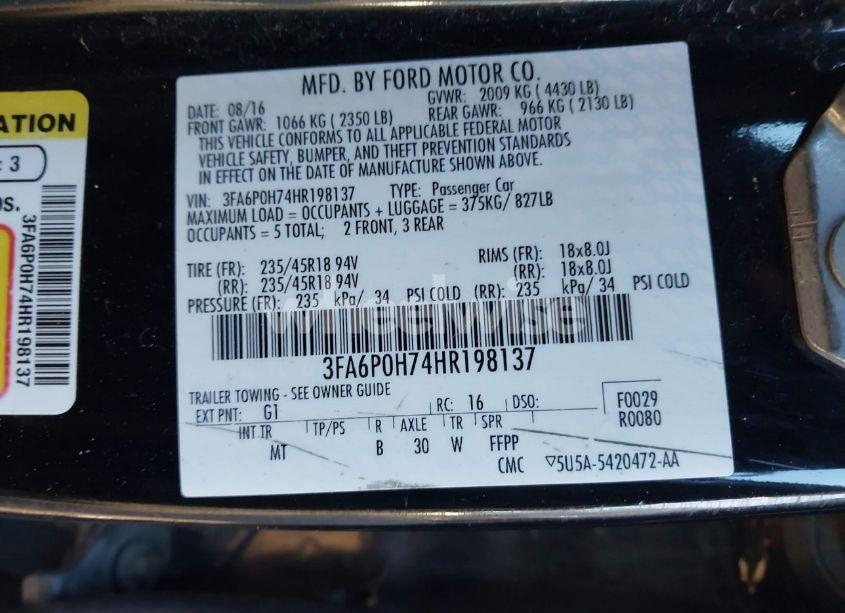 Photo 9 of 2017 Ford Fusion SE (VIN 3FA6P0H74HR198137)