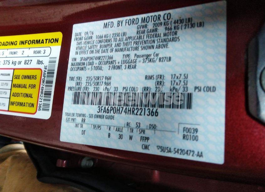 Photo 9 of 2017 Ford Fusion SE (VIN 3FA6P0H74HR221366)