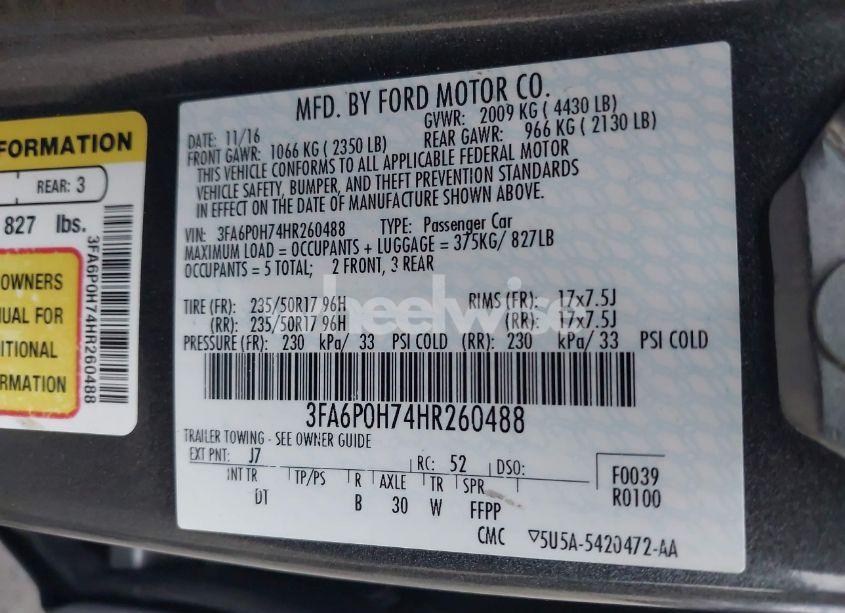 Photo 9 of 2017 Ford Fusion SE (VIN 3FA6P0H74HR260488)