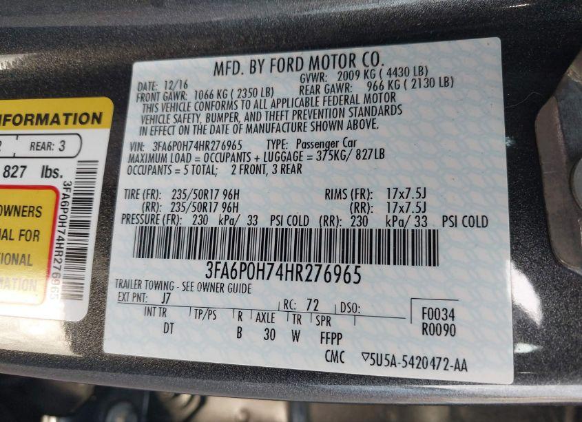 Photo 9 of 2017 Ford Fusion SE (VIN 3FA6P0H74HR276965)