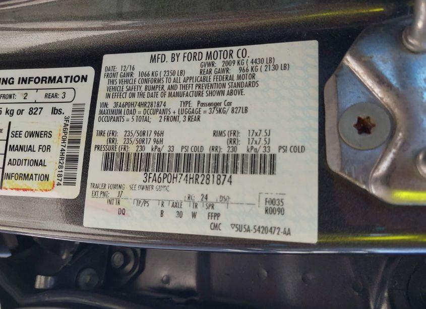 Photo 9 of 2017 Ford Fusion SE (VIN 3FA6P0H74HR281874)