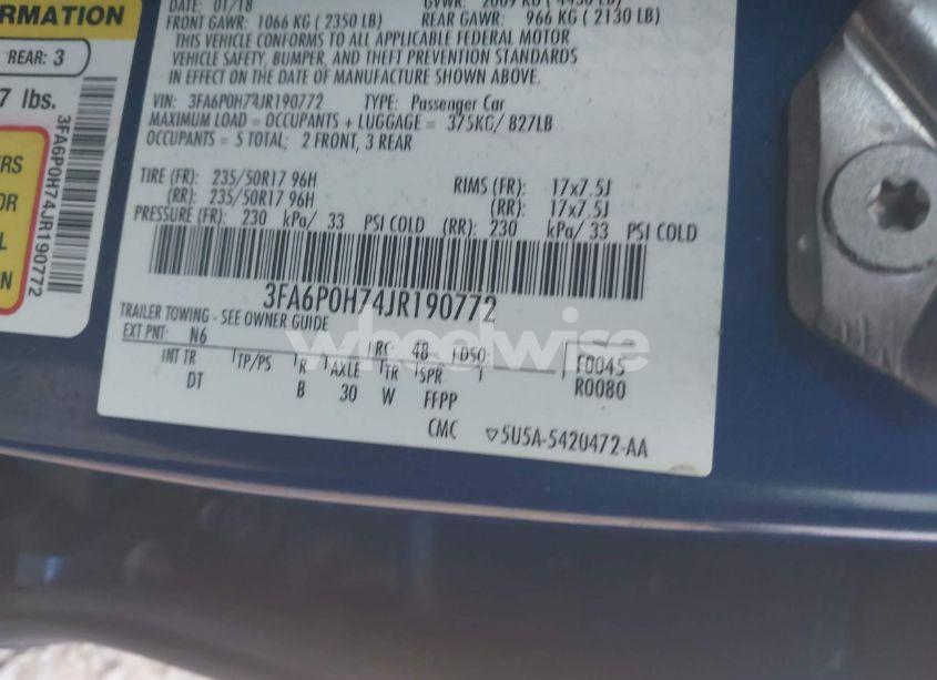 Photo 9 of 2018 Ford Fusion SE (VIN 3FA6P0H74JR190772)