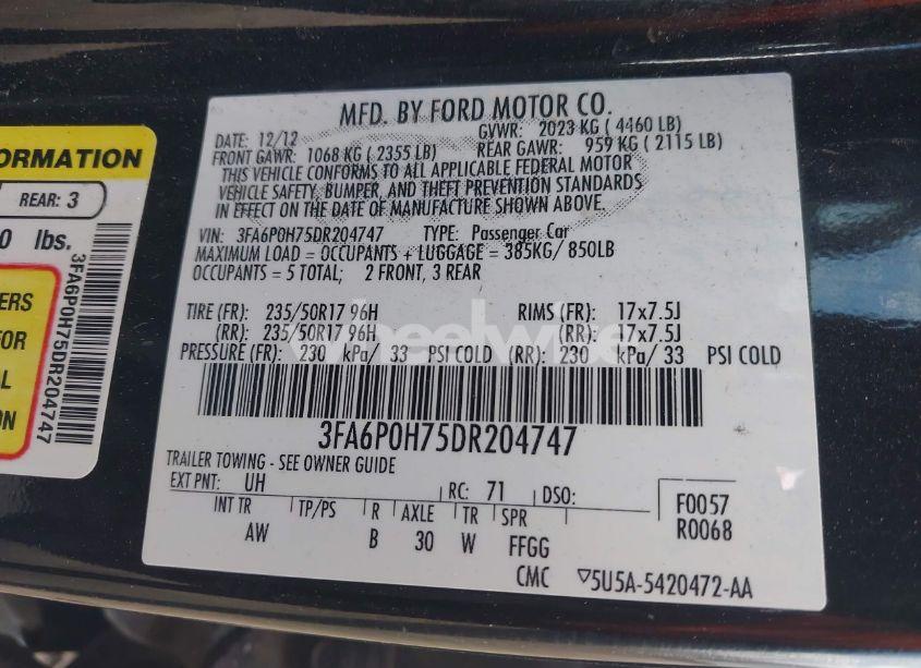 Photo 9 of 2013 Ford Fusion SE (VIN 3FA6P0H75DR204747)